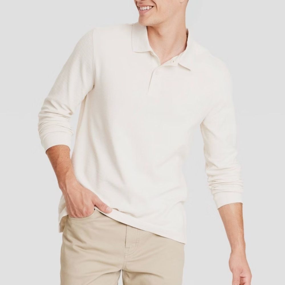 Men's XL Cream Long Sleeve Polo Shirt Goodfellow & Co